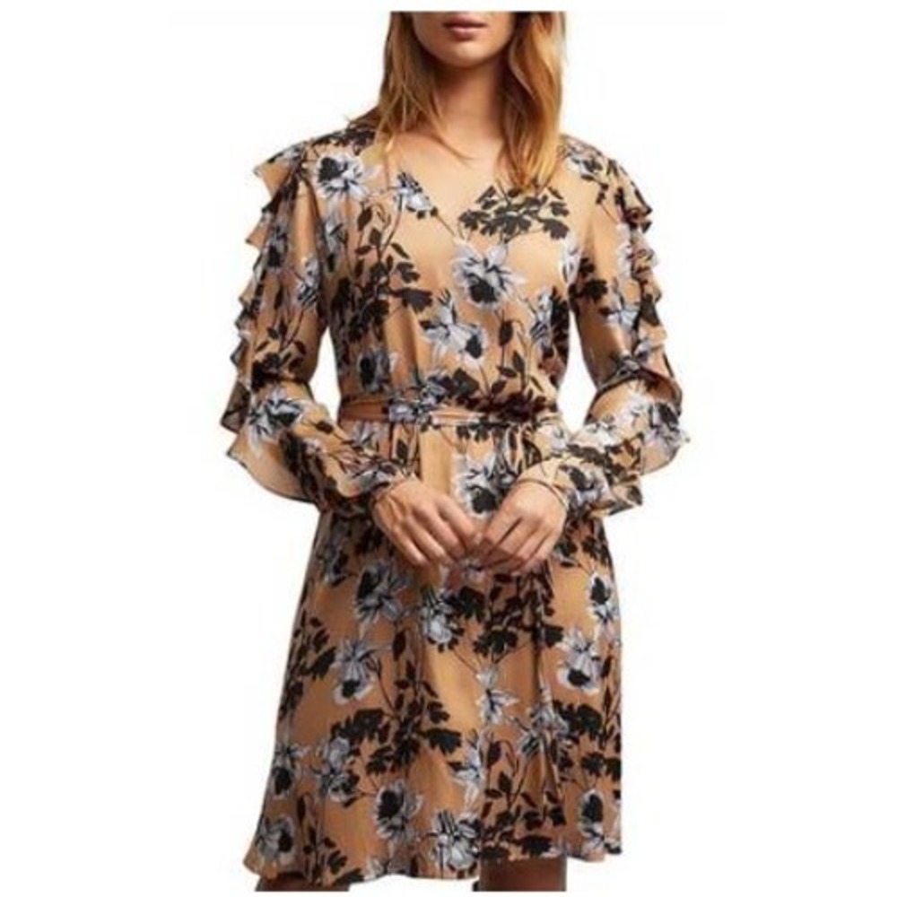 Witchery Floral Ruffle Long Sleeve Mini Dress Womens 6 Tan Black Boho Work